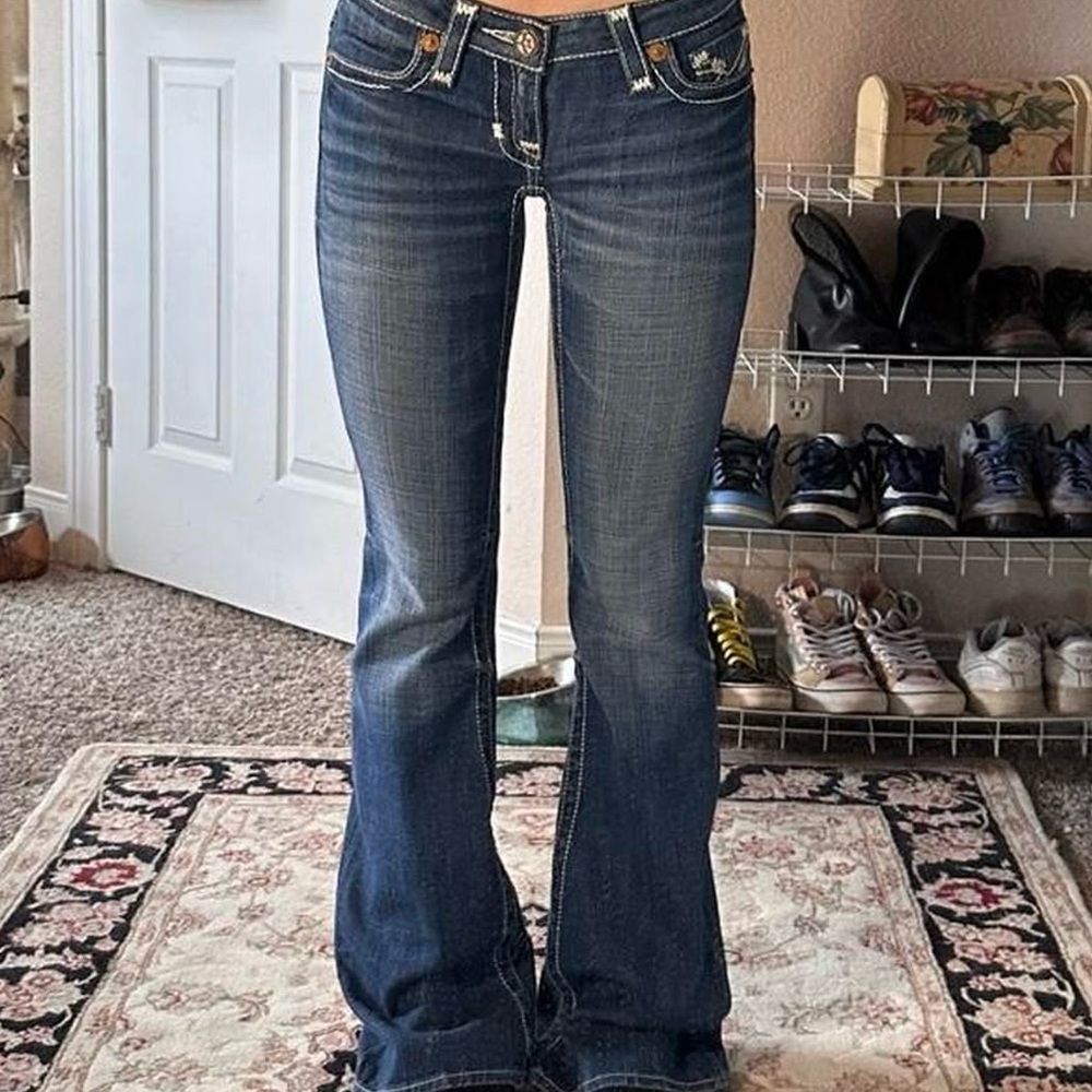 Vintage True Religion Joey Flare Jeans Youth Girls Size 14 Dark Wash Y2K